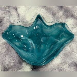 Beautiful Turquoise Glass Scallop Bowl Over 12”